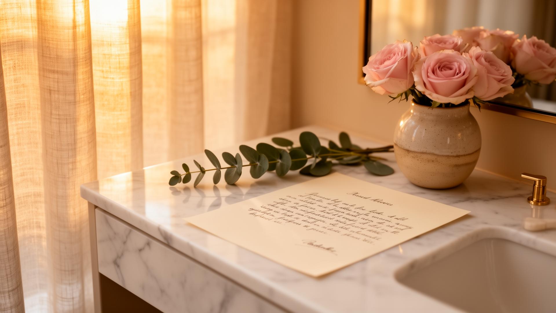 Warm spa-inspired contact editorial with eucalyptus and soft linen