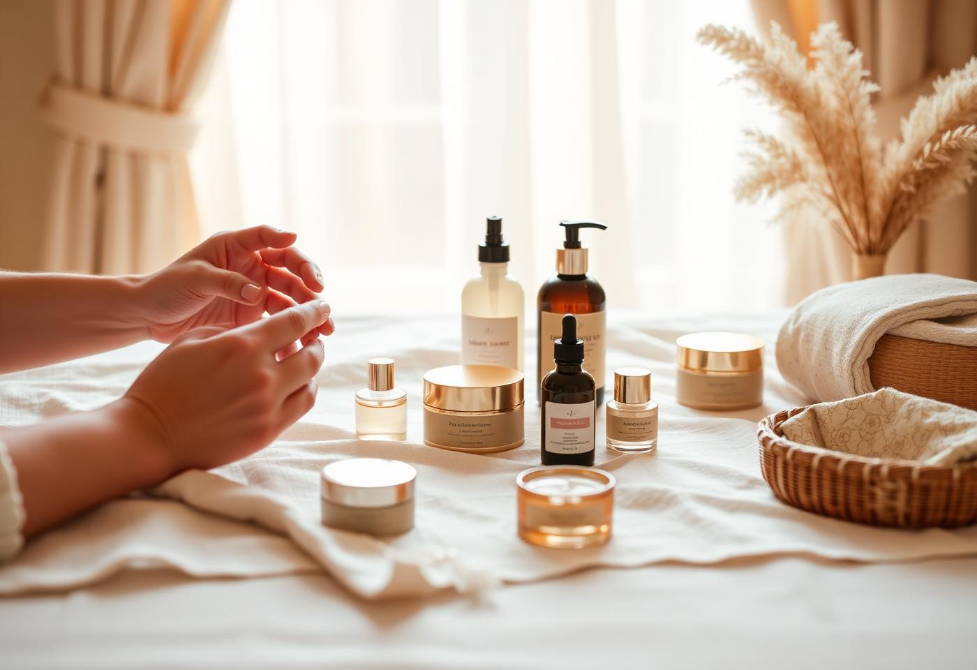 A feminine self-care class — hands arranging luxury body care products on linen