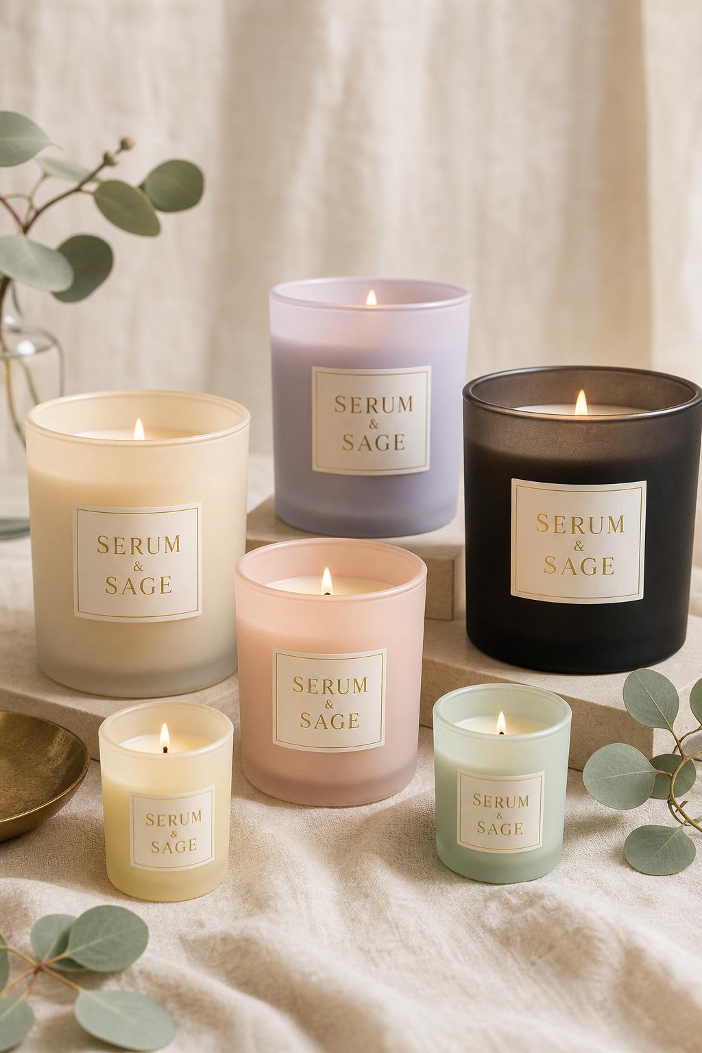 Serum & Sage scented candles in frosted glass vessels, big and small, one for each fragrance collection
