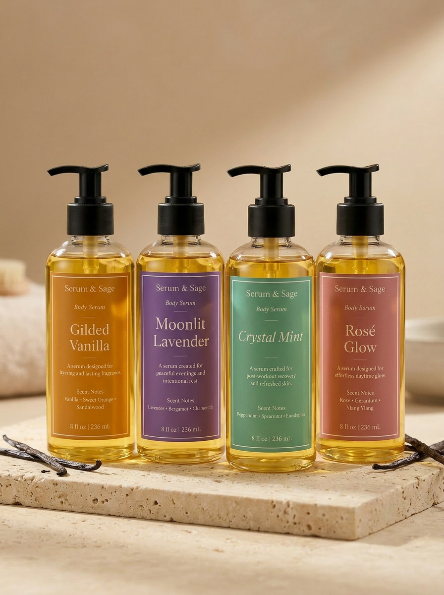 Serum & Sage body serum bottles in a luxury beauty campaign still life