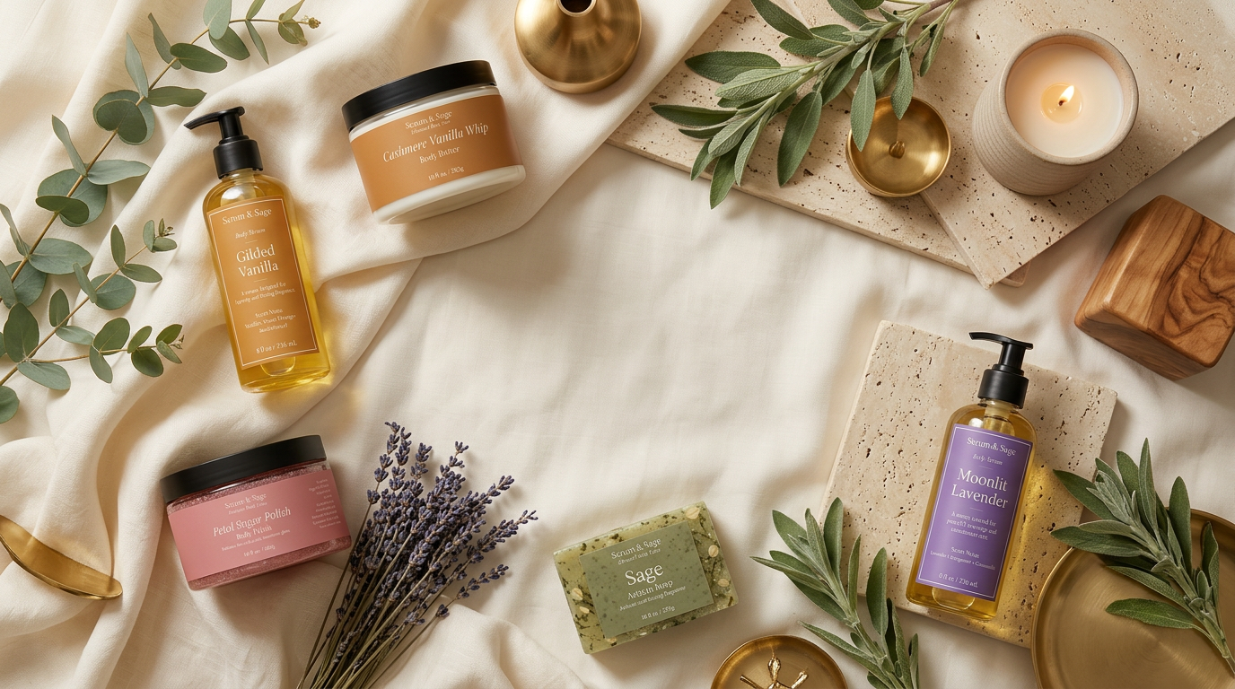 Luxury body care wholesale display with botanicals and warm candlelight